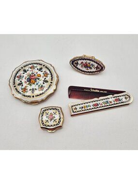Vintage Stratton Compact 4 Pc Set Floral Flowers Comb Lipstick Holder Pill Box